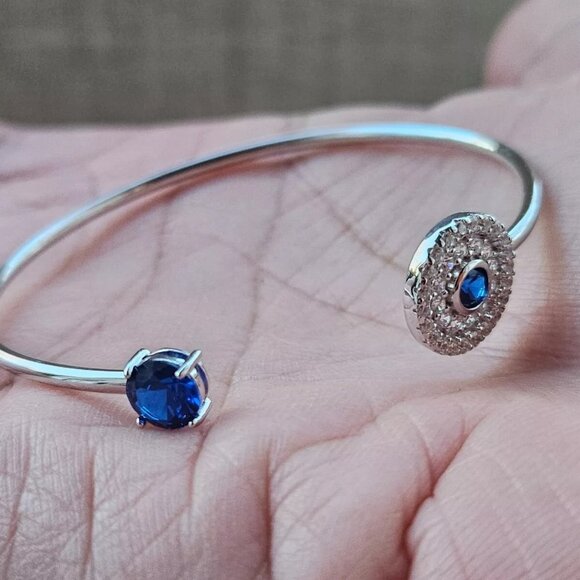 925 Sterling Silver Bracelet Blue Faux Stone Crystal Accent Cuff Wrist Band New - Picture 1 of 12